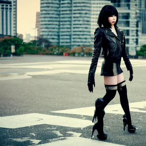 Image similar to a dynamic, epic cinematic 8K HD movie shot of a japanese beautiful cute young J-Pop idol actress yakuza rock star girl wearing leather jacket, miniskirt, nylon tights, high heels boots, gloves and jewelry. Motion, VFX, Inspirational arthouse, at Behance