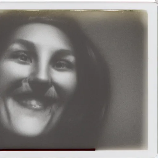 Prompt: Polaroid photography of a detached face smiling with crooked teeth in an old house