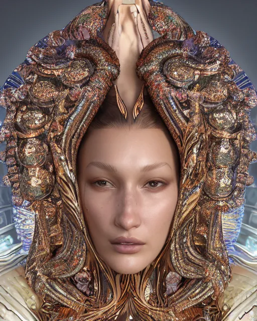 Image similar to a highly detailed metahuman 8 k close up render of bella hadid as alex grey art renaissance in iris van herpen dress schiaparelli in diamonds crystals swarovski and jewelry iridescent in style of alphonse mucha gustav klimt trending on artstation made in unreal engine 4