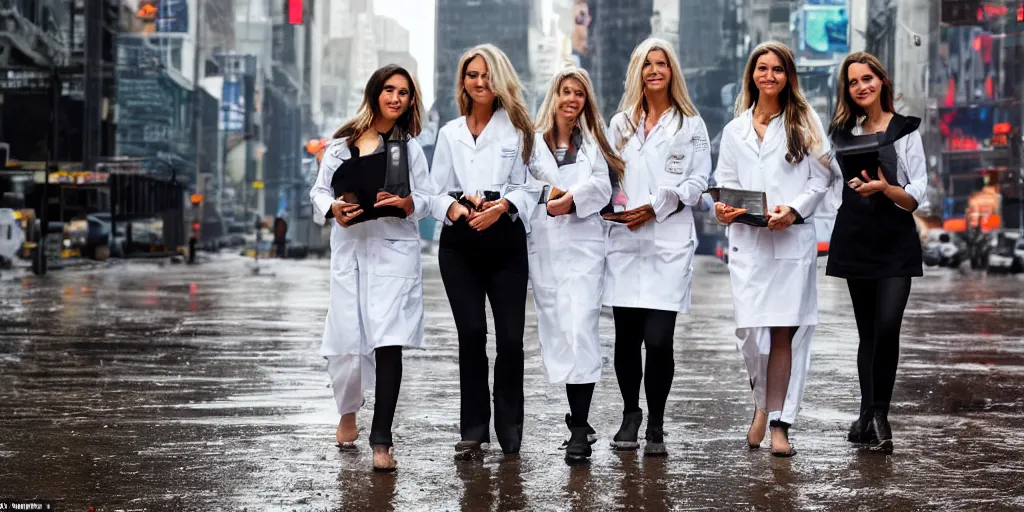 Prompt: 3 beautiful woman plaque doctors wearing white wet short sun dresses walking toward the camera in the wet cyberpunk streets of new york at sunset, police hover cars in the background, mud puddles,