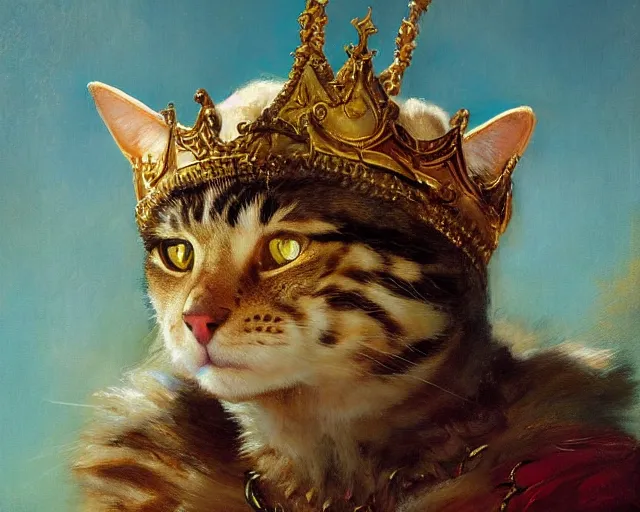 Prompt: closeup portrait of a humanoid cat old king with a crown, highly detailed painting by gaston bussiere, craig mullins, j. c. leyendecker 8 k