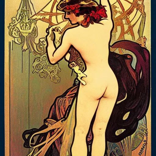 Image similar to female pirate, painted by alphonse mucha