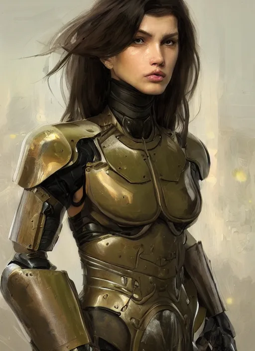 Image similar to a professional painting of a beautiful young female, clothed in military armor, olive skin, long dark hair, beautiful bone structure, symmetrical facial features, intricate, elegant, digital painting, concept art, smooth, sharp focus, illustration, from Metal Gear, by Ruan Jia and Mandy Jurgens and Artgerm and William-Adolphe Bouguerea