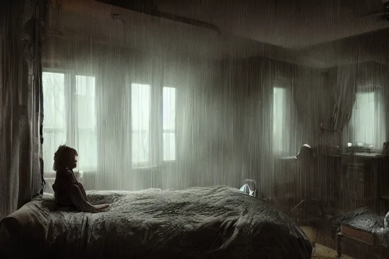 Image similar to vfx movie scene sleep paralysis night, a monster outside the extravagant bedroom window, natural lighting by emmanuel lubezki