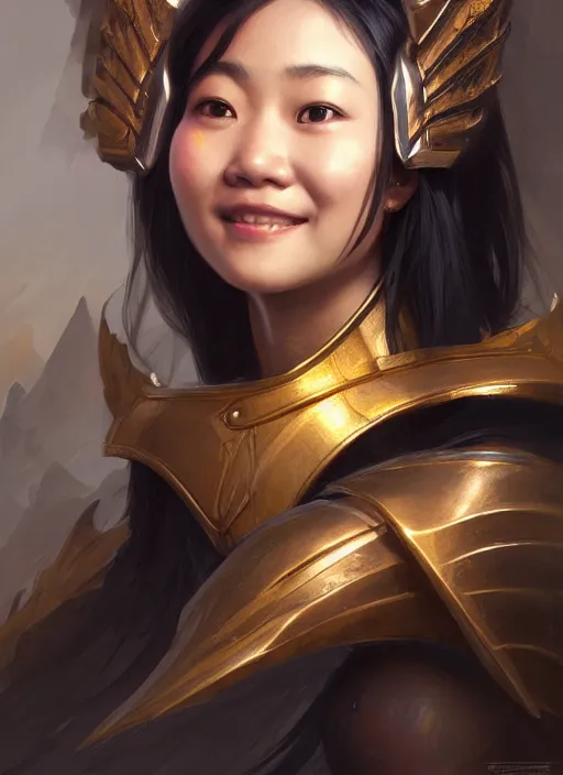 Prompt: Close-up portrait of smiling young asian woman wearing a winged helmet and a pitch black armor, portrait, , highly detailed, digital painting, artstation, concept art, sharp focus, illustration, art by artgerm and greg rutkowski and alphonse mucha