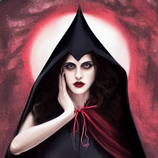 Prompt: Film still of Alexandra Daddario, beautiful vampire mistress dressed in a black cloak, by Stanley Artgerm Lau