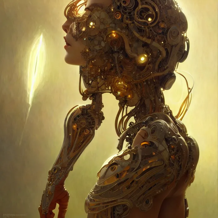 Image similar to organic cyborg, bright light radiant, diffuse lighting, fantasy, intricate, elegant, highly detailed, lifelike, photorealistic, digital painting, artstation, illustration, concept art, smooth, sharp focus, art by john collier and albert aublet and krenz cushart and artem demura and alphonse mucha