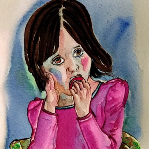 Image similar to a dark haired young girl in a pink dress, shocked expression, hand over mouth, 1990s bedroom, children's book illustration, watercolor, line drawing