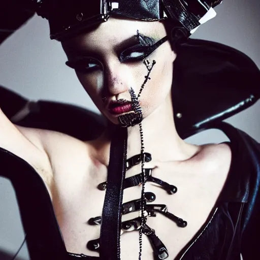 Image similar to fashion photography of an extraterrestrial model, holding a leather whip, wearing demobaza fashion, inside berghain, berlin fashion, harness, futuristic fashion, dark minimal outfit, photo 3 5 mm leica, hyperdetail, berghain, 8 k, very detailed, photo by nick knight