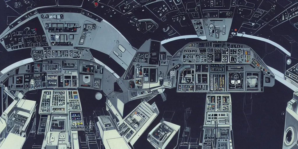 Prompt: cockpit of a small spaceship with pilot's chair and flight controls, [ art by ralph mcquarrie ]