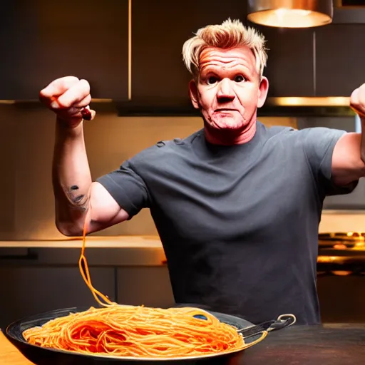 Image similar to gordon ramsay, throwing spaghetti, yelling at eminem, cooking show, very detailed, realistic, 4 k, professional photography