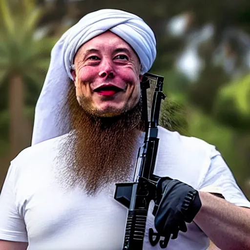 Image similar to elon musk wearing a long beard joining the taliban while riding a motorcycle