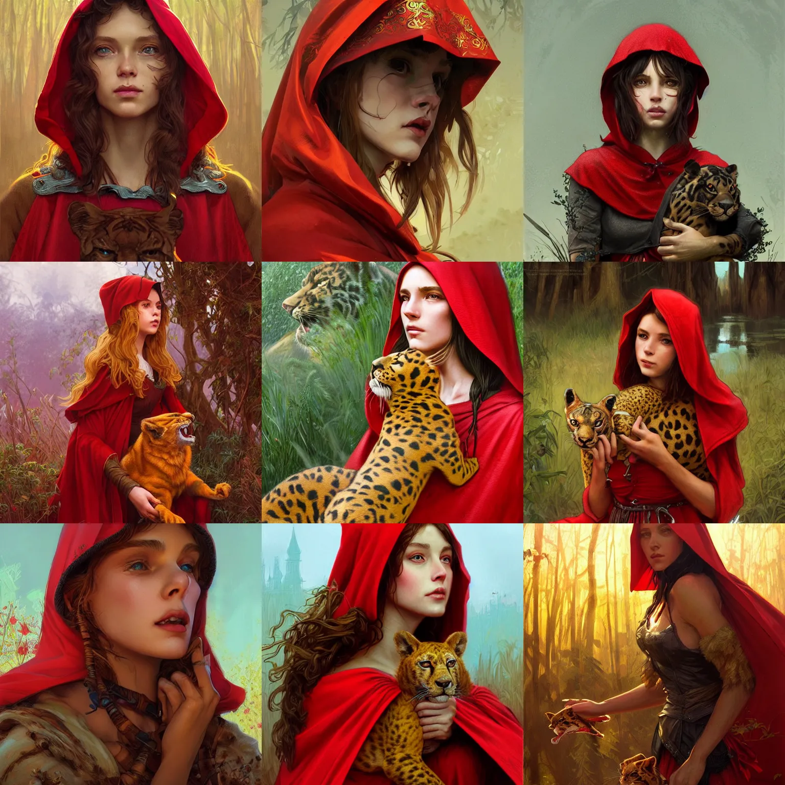 Prompt: Drone camera footage. Portrait of Little Red Riding Hood with a golden panther, intricate, wild, highly detailed, digital painting, artstation, concept art, smooth, sharp focus, illustration, art by artgerm and greg rutkowski and alphonse mucha