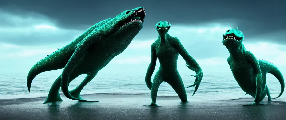 Prompt: a stunning cinematic extreme wide shot of an adorable confused slick sleek smooth green and blue humanoid sea monster wearing clothes made of seaweed on a dark stormy beach, well designed perfect with huge luminous sad eyes, sharp claws, cgsociety, hd octane render, fantasy, furry art, artstation, deviantart, furaffinity, very very clean, super smooth, thunderclouds