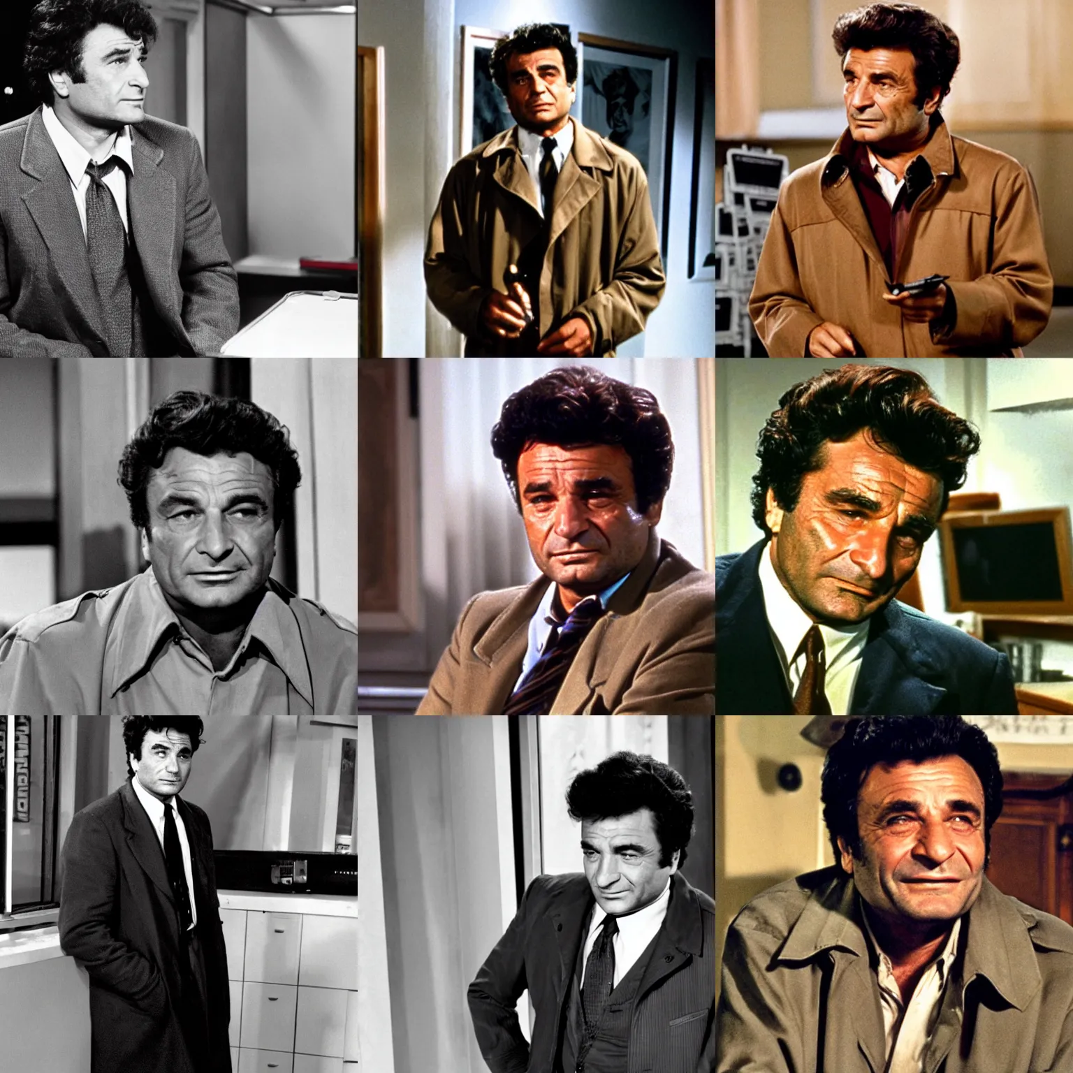 Prompt: a young peter falk as police detective columbo in his messy tan trenchcoat, with a slight smile and narrowed eyes, looking at playstation 5