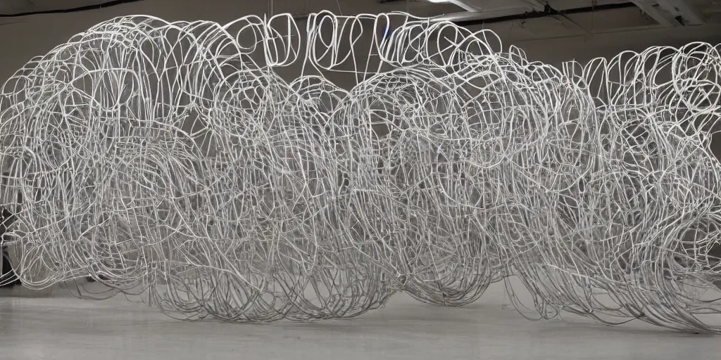 Prompt: a sculpture made out of different types of paper, an abstract sculpture by Ai Weiwei, featured on cg society, kinetic art, made of paperclips, made of wire, made of cardboard