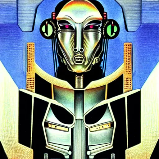 Prompt: futurist cyborg emperor, perfect future, award winning art by hr giger, iridescent color palette