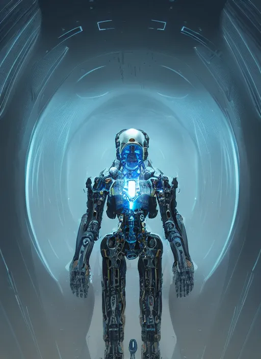 Image similar to benevolent cyborg necromancer, scifi, futuristic, helpful, kind, intelligent, alien room background, white, blue, gold, highly detailed, trending on artstation, soft light, holy machine, advanced technology, art by vitaly bulgarov and nivanh chanthara