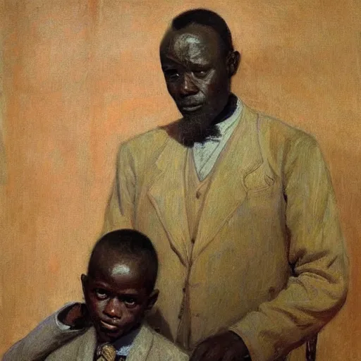 Image similar to a painting of a elegant, well fed, smooth-chinned, elder with few eyebrows and his son from Kenya by Henry Ossawa Tanner . thinker without facial hair, thoughtful, focused, visionary, calm, jovial, loving, fatherly, generous, . dramatic angle, ethereal lights, details, smooth, sharp focus, illustration, realistic, cinematic, artstation, award winning, rgb , unreal engine, octane render, cinematic light, macro, depth of field, blur, red light and clouds from the back, highly detailed epic cinematic concept art CG render made in Maya, Blender and Photoshop, octane render, excellent composition, dynamic dramatic cinematic lighting, aesthetic, very inspirational, arthouse.