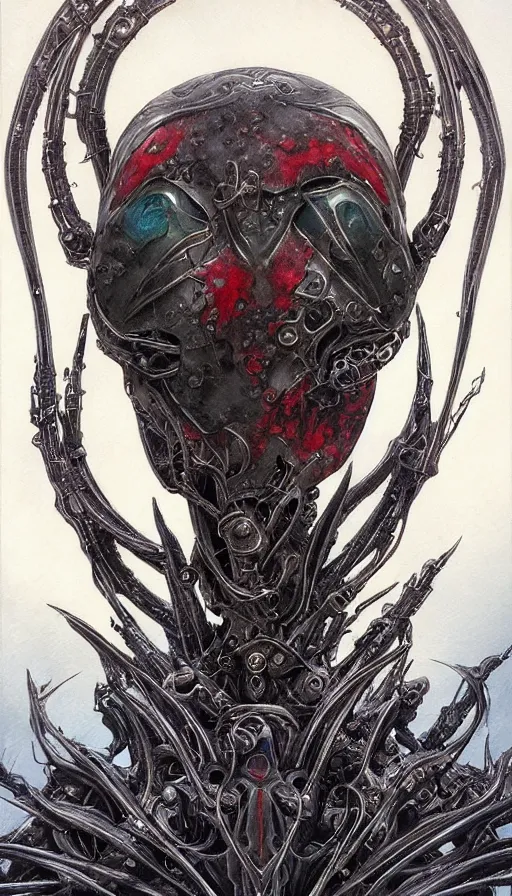 Prompt: Elden Ring and Guyver themed painting of intergalactic cyber assassin symmetrical breathing armor face mask pattern concept, intricate artwork by H.R. Giger, Johnatan Wayshak, Zdizslaw Beksinski, Ayami Kojima, Amano, Karol Bak, Moebius, and Mark Brooks, Neo-Gothic, gothic, rich deep colors, art by Takato Yamamoto, masterpiece, face by Artgerm, very coherent artwork, cinematic, hyper realism, high detail, octane render, unreal engine, 8k, High contrast, golden ratio, trending on cgsociety