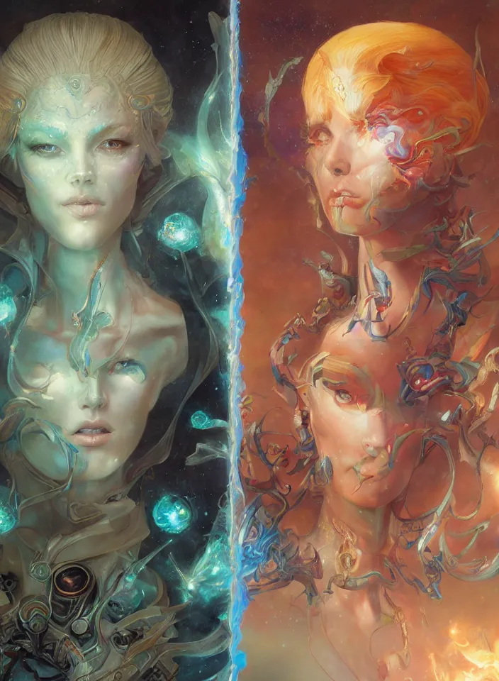 Image similar to beautiful gemini good and evil fantasy female character portrait, highly saturated colors, ultra realistic, wide angle, intricate details, the fifth element artifacts, holographic undertones, highly detailed by peter mohrbacher, hajime sorayama, wayne barlowe, boris vallejo, aaron horkey, gaston bussiere, craig mullins