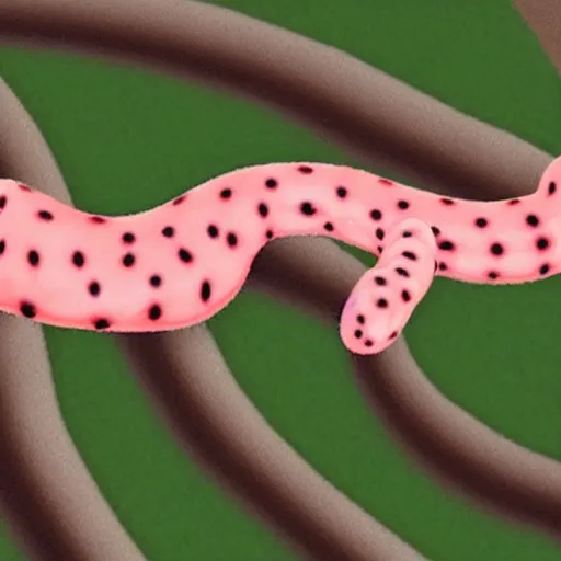 Prompt: cartoon still of a pink polka dotted snake with an orange ponytail