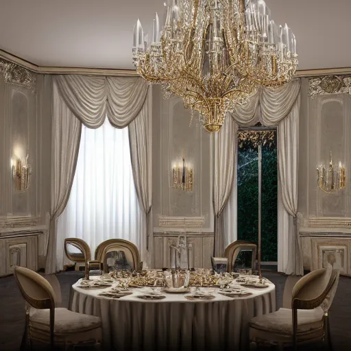 Image similar to extremly detailed luxurious white house interior with champagne on the table, 8 k, octane render, ray traced, global illumination, ultra detailed, photorealistic