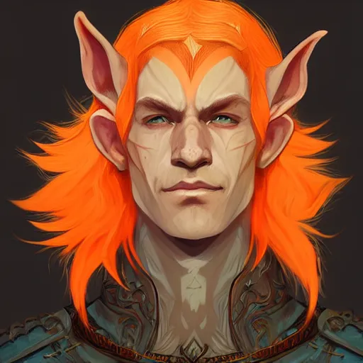 Image similar to portrait painting of an elven eladrin young man with light orange hair and tribal tattoos in his cheekbones wearing fur armor, d & d, rpg, sharp focus, award - winning, trending on artstation, masterpiece, highly detailed, intricate. art by josan gonzales and moebius and deathburger