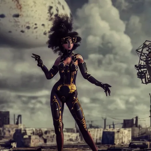 Image similar to Epic cinematic action scene render of a very beautiful dollpunk wearing Abstract tech bodysuit, in front of a ruined city, focus, realistic eyes, symmetric body features proportions, golden ratio, ultra intricate details, award winning, unreal render