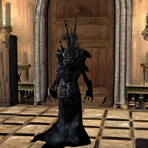Prompt: A Dark Souls character arriving at a fancy party, ornate ballroom, tuxedo
