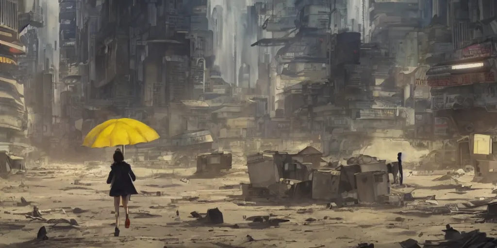 Prompt: incredible wide screenshot, ultrawide, simple watercolor, rough paper texture, ghost in the shell movie scene, backlit distant shot of girl in a parka running from a giant robot invasion side view, yellow parasol in deserted dusty junk town, broken vending machines