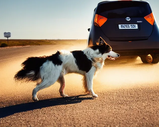 Prompt: border collie dog in the driver's seat of an orange nissan note, paws on wheel, car moving fast, rally driving photo, award winning photo, golden hour, front of car angle, motion blur