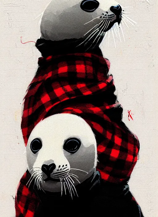 Image similar to highly detailed closeup portrait of a sewer white baby seal, tartan blanket, black mohawk by atey ghailan, by greg rutkowski, by greg tocchini, by james gilleard, by joe fenton, by kaethe butcher, gradient red, black, brown and white color scheme, grunge aesthetic!!! white graffiti tag wall background