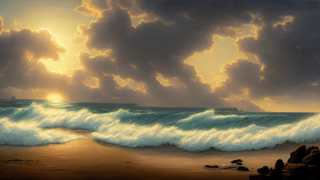 Image similar to first person view of breaking waves on the shore, summer, sunshine through the clouds, sea breeze rises in the air, by andreas rocha and john howe, and Martin Johnson Heade, featured on artstation, featured on behance, golden ratio, ultrawide angle, f32, well composed
