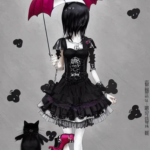 Image similar to Goth girl dressed in a hello kitty outfit, black and white cat next to it, by Stanley Artgerm Lau, WLOP, Rossdraws, James Jean, Andrei Riabovitchev, Marc Simonetti, Yoshitaka Amano, ArtStation, CGSociety,