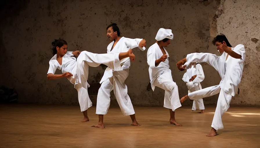 Image similar to capoeira roda in theatre museum dali, national geographic photography,