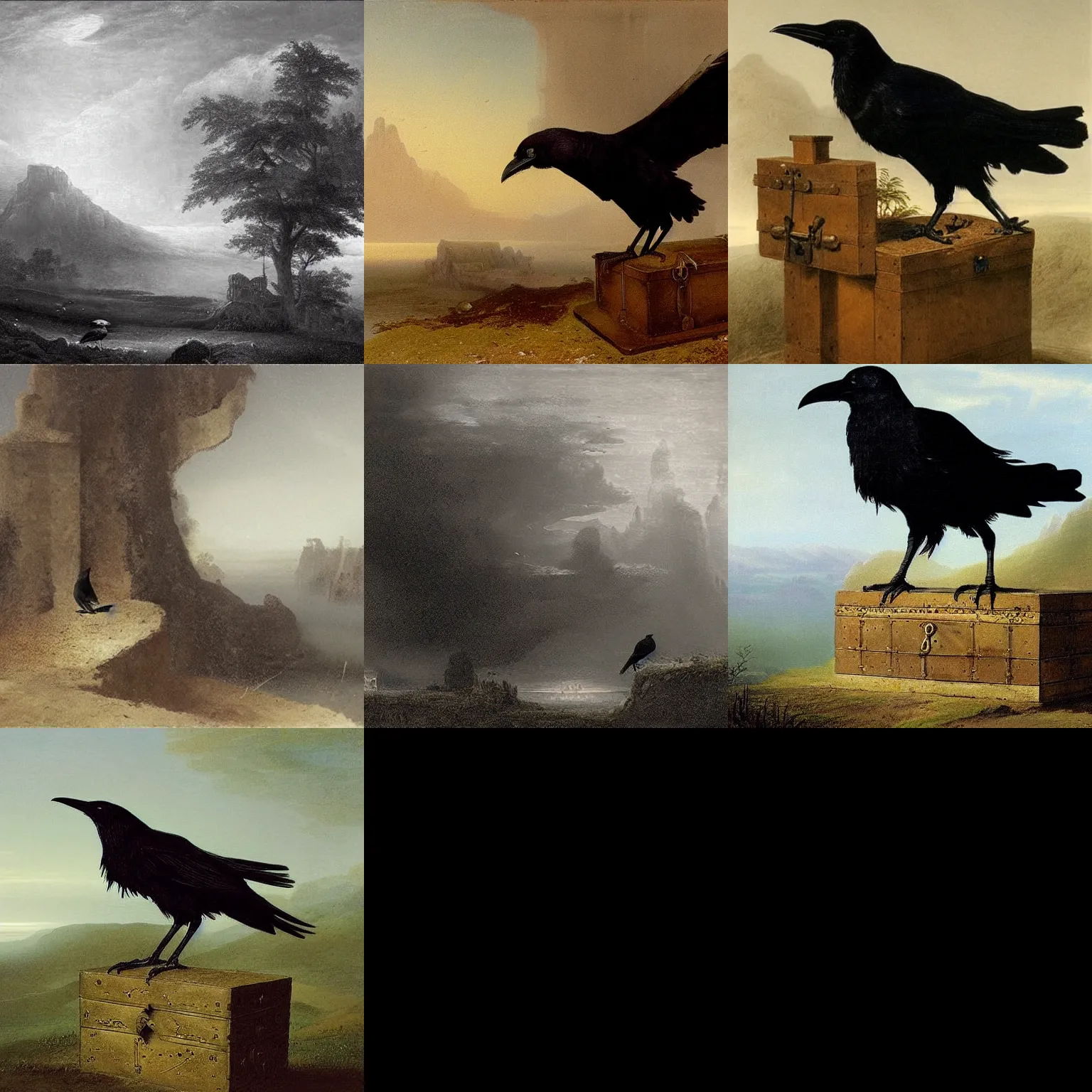 Prompt: a black crow sits on a big old, dusty treasure chest. misty, dreamlike, high contast, concept art by Alexander Nasmyth