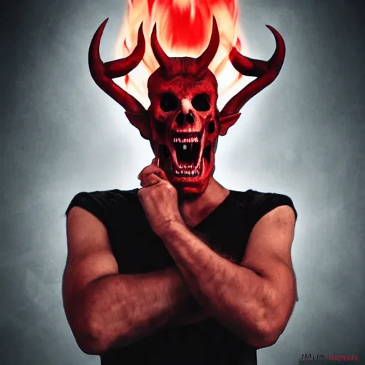 Image similar to the _ devil _ holding _ a _ skull _ red _ horns _ ominous _ fiery _ background _ symmetrical _ detailed _ face _ despair _ highly _ detailed _ high _ resolution _ sandro _ botticel