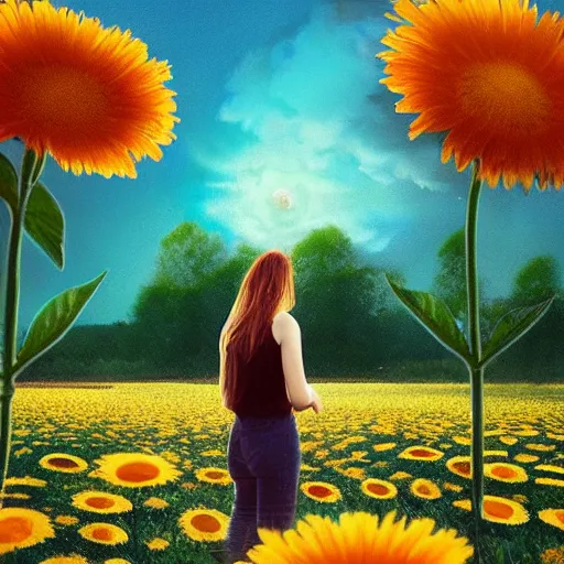 Prompt: full body girl standing in a flower field, her head is hidden behind the huge daisy flower,. surreal photography, sunrise, dramatic light, impressionist painting, colorful clouds, digital painting, artstation, simon stalenhag