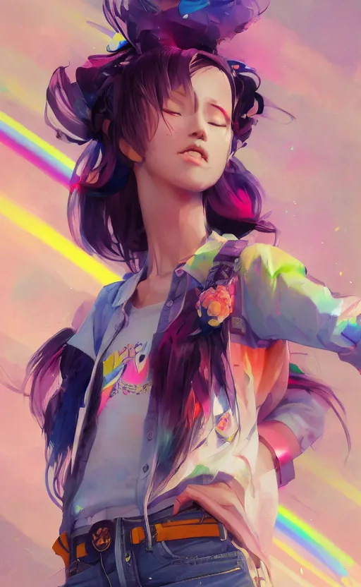 Image similar to a kawaii woman with rainbow hair smiling, kawaii shirt and jeans, In style of Yoji Shinkawa, wojtek fus, by Jordan Grimmer and greg rutkowski, concept art, highly detailed