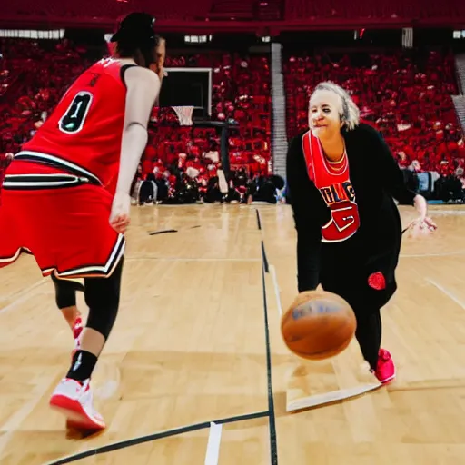 Image similar to woman plying basketball on court in a chicago bulls jersey at the united center