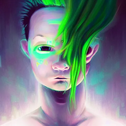 Prompt: glitchy child with green hair, lost soul, reflection, pov, ultra hd, artstation, high detail, digital art, oil on canvas
