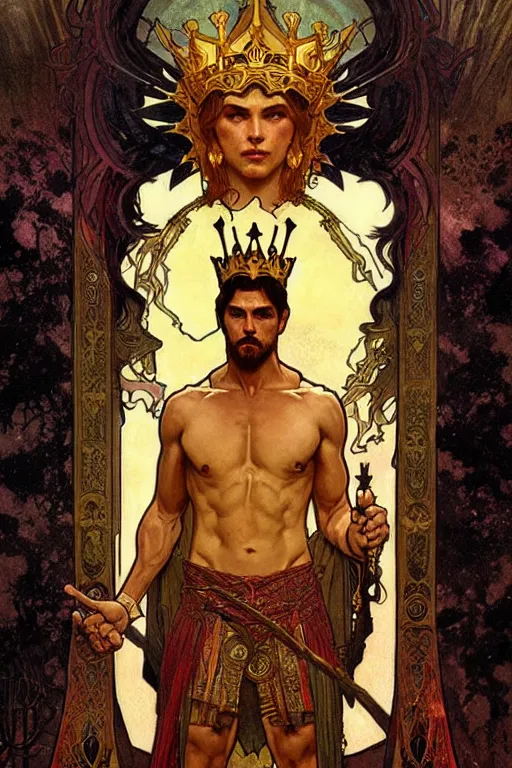 Prompt: a god wearing dark clothes and golden crown, muscular, tarot art, painting by greg rutkowski and alphonse mucha