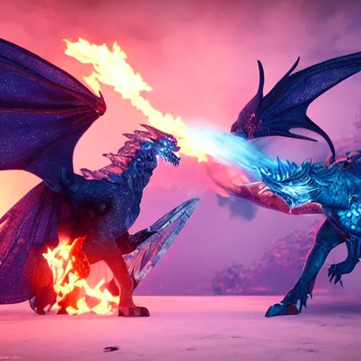 Prompt: ice Phoenix fighting against fire dragon, 8k, Unreal engine, realistic