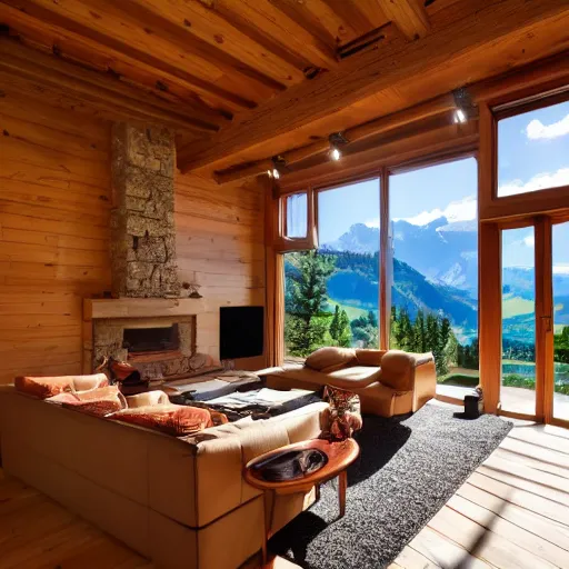 Prompt: a beautiful swiss home the mountains set the view inside of a living room the olivia room have a lot of windows the windows have a view of the beautiful mountains of switzerland it a sunny day professional photograph