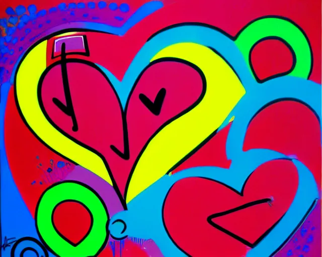 Image similar to graffiti, heart made with circles and lines, vivid colors, highly detailed, simple, no jagged lines, smooth, artstation, artwork by blek le rat