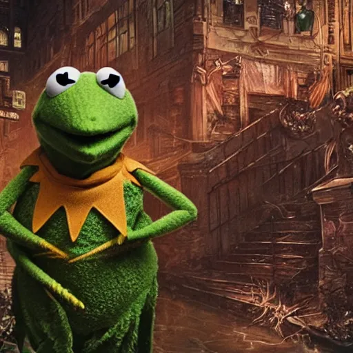 Image similar to Kermit the Frog if he were actually alive by P. Craig Russell and Barry Windsor-Smith, Sesame Street, 8k octane beautifully detailed render, post-processing, extremely hyperdetailed, intricate, epic composition, grim yet sparkling atmosphere, cinematic lighting + masterpiece