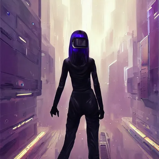 Image similar to scifi art by greg rutkowsky, a very tall and slim girl with black bob hair with two strands around her face, wearing a oversized jumper jumpsuit, walking through a futuristic city, scifi environment, highly detailed portrait, digital painting, artstation, concept art, smooth, sharp foccus ilustration, artstation hq