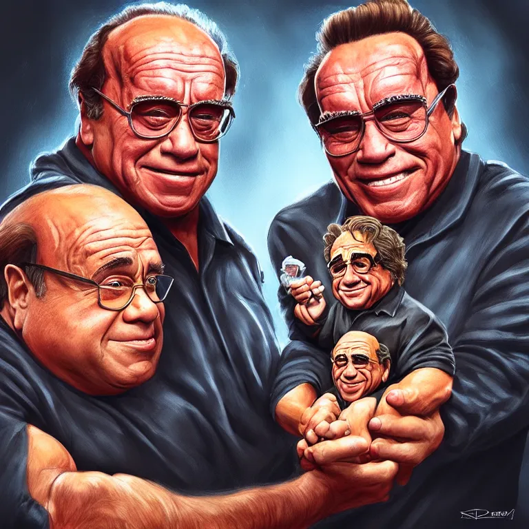 Image similar to Portrait of Danny DeVito holding a miniature Arnold Schwarzenegger gently in his hands, highly detailed, concept art, illustration, cinematic, artstation, digital painting, mystical, zen