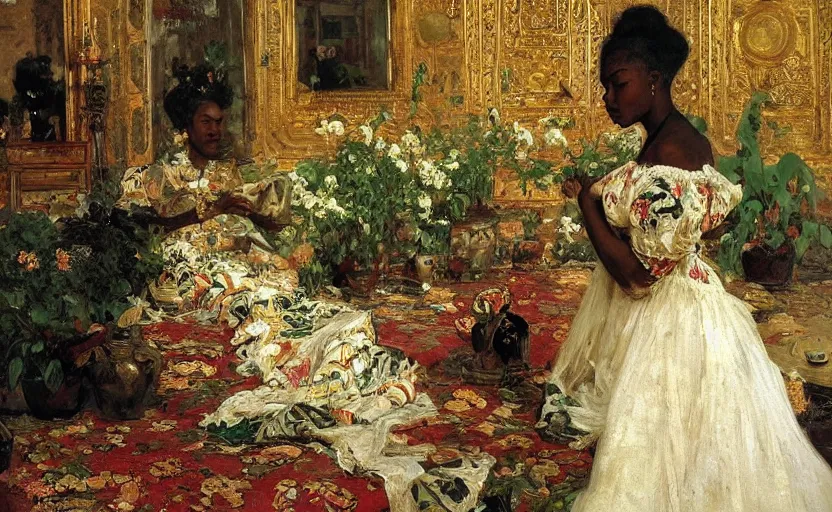 Image similar to high quality high detail painting by ilya repin, black woman in a white room with many plants, intricate costume design, orientalist, partially gold, ornate, elite, luxury, hd